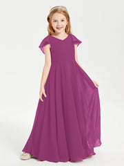 Delicate Chiffon Junior Bridesmaid Gown Flutter Sleeves V-neck Orchid
