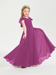 Delicate Chiffon Junior Bridesmaid Gown Flutter Sleeves V-neck Orchid