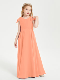 Delicate Chiffon Junior Bridesmaid Gown Flutter Sleeves V-neck Papaya