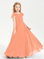 Delicate Chiffon Junior Bridesmaid Gown Flutter Sleeves V-neck Papaya