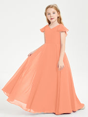 Delicate Chiffon Junior Bridesmaid Gown Flutter Sleeves V-neck Papaya