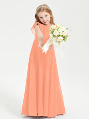 Delicate Chiffon Junior Bridesmaid Gown Flutter Sleeves V-neck Papaya