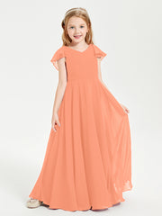 Delicate Chiffon Junior Bridesmaid Gown Flutter Sleeves V-neck Papaya
