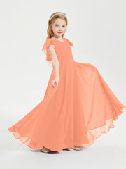Delicate Chiffon Junior Bridesmaid Gown Flutter Sleeves V-neck Papaya