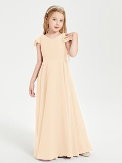 Delicate Chiffon Junior Bridesmaid Gown Flutter Sleeves V-neck Peach