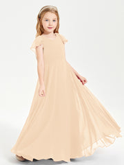 Delicate Chiffon Junior Bridesmaid Gown Flutter Sleeves V-neck Peach