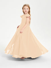 Delicate Chiffon Junior Bridesmaid Gown Flutter Sleeves V-neck Peach