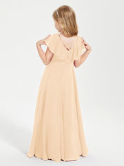 Delicate Chiffon Junior Bridesmaid Gown Flutter Sleeves V-neck Peach