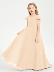 Delicate Chiffon Junior Bridesmaid Gown Flutter Sleeves V-neck Peach