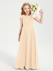 Delicate Chiffon Junior Bridesmaid Gown Flutter Sleeves V-neck Peach