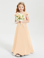 Delicate Chiffon Junior Bridesmaid Gown Flutter Sleeves V-neck Peach