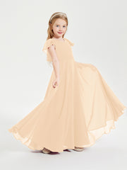 Delicate Chiffon Junior Bridesmaid Gown Flutter Sleeves V-neck Peach