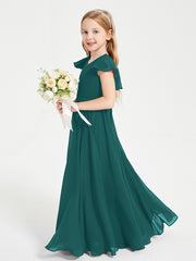 Delicate Chiffon Junior Bridesmaid Gown Flutter Sleeves V-neck Peacock