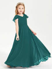 Delicate Chiffon Junior Bridesmaid Gown Flutter Sleeves V-neck Peacock