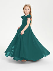 Delicate Chiffon Junior Bridesmaid Gown Flutter Sleeves V-neck Peacock