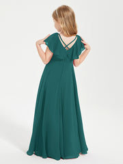 Delicate Chiffon Junior Bridesmaid Gown Flutter Sleeves V-neck Peacock