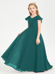 Delicate Chiffon Junior Bridesmaid Gown Flutter Sleeves V-neck Peacock