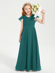 Delicate Chiffon Junior Bridesmaid Gown Flutter Sleeves V-neck Peacock