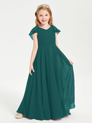 Delicate Chiffon Junior Bridesmaid Gown Flutter Sleeves V-neck Peacock