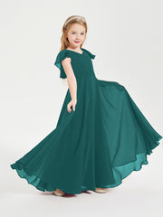 Delicate Chiffon Junior Bridesmaid Gown Flutter Sleeves V-neck Peacock