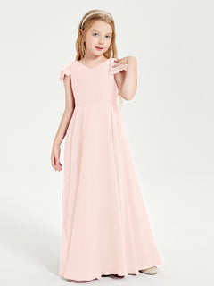 Delicate Chiffon Junior Bridesmaid Gown Flutter Sleeves V-neck Pearl Pink