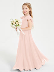 Delicate Chiffon Junior Bridesmaid Gown Flutter Sleeves V-neck Pearl Pink