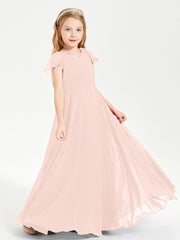 Delicate Chiffon Junior Bridesmaid Gown Flutter Sleeves V-neck Pearl Pink
