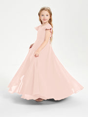 Delicate Chiffon Junior Bridesmaid Gown Flutter Sleeves V-neck Pearl Pink