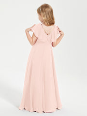 Delicate Chiffon Junior Bridesmaid Gown Flutter Sleeves V-neck Pearl Pink