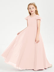 Delicate Chiffon Junior Bridesmaid Gown Flutter Sleeves V-neck Pearl Pink