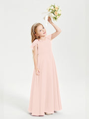Delicate Chiffon Junior Bridesmaid Gown Flutter Sleeves V-neck Pearl Pink