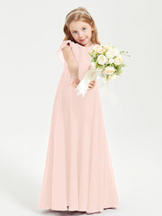Delicate Chiffon Junior Bridesmaid Gown Flutter Sleeves V-neck Pearl Pink