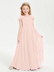Delicate Chiffon Junior Bridesmaid Gown Flutter Sleeves V-neck Pearl Pink