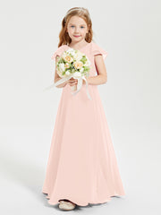 Delicate Chiffon Junior Bridesmaid Gown Flutter Sleeves V-neck Pearl Pink