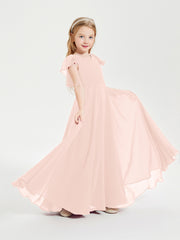 Delicate Chiffon Junior Bridesmaid Gown Flutter Sleeves V-neck Pearl Pink