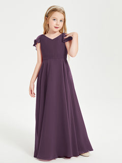 Delicate Chiffon Junior Bridesmaid Gown Flutter Sleeves V-neck Plum