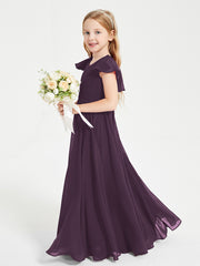 Delicate Chiffon Junior Bridesmaid Gown Flutter Sleeves V-neck Plum