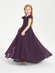 Delicate Chiffon Junior Bridesmaid Gown Flutter Sleeves V-neck Plum