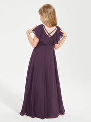Delicate Chiffon Junior Bridesmaid Gown Flutter Sleeves V-neck Plum