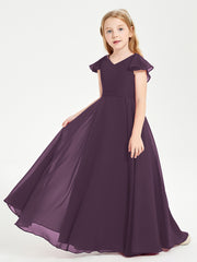 Delicate Chiffon Junior Bridesmaid Gown Flutter Sleeves V-neck Plum