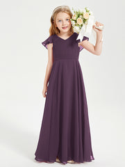 Delicate Chiffon Junior Bridesmaid Gown Flutter Sleeves V-neck Plum