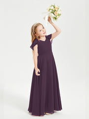 Delicate Chiffon Junior Bridesmaid Gown Flutter Sleeves V-neck Plum
