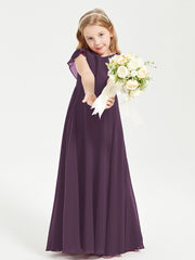 Delicate Chiffon Junior Bridesmaid Gown Flutter Sleeves V-neck Plum