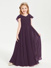 Delicate Chiffon Junior Bridesmaid Gown Flutter Sleeves V-neck Plum