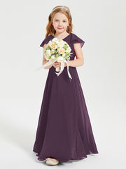 Delicate Chiffon Junior Bridesmaid Gown Flutter Sleeves V-neck Plum