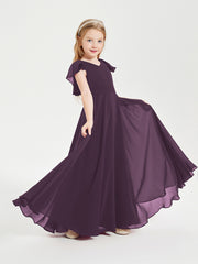 Delicate Chiffon Junior Bridesmaid Gown Flutter Sleeves V-neck Plum