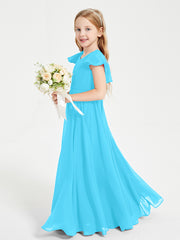 Delicate Chiffon Junior Bridesmaid Gown Flutter Sleeves V-neck Pool