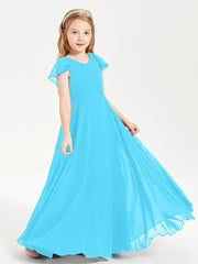 Delicate Chiffon Junior Bridesmaid Gown Flutter Sleeves V-neck Pool