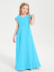 Delicate Chiffon Junior Bridesmaid Gown Flutter Sleeves V-neck Pool