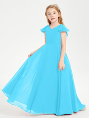 Delicate Chiffon Junior Bridesmaid Gown Flutter Sleeves V-neck Pool